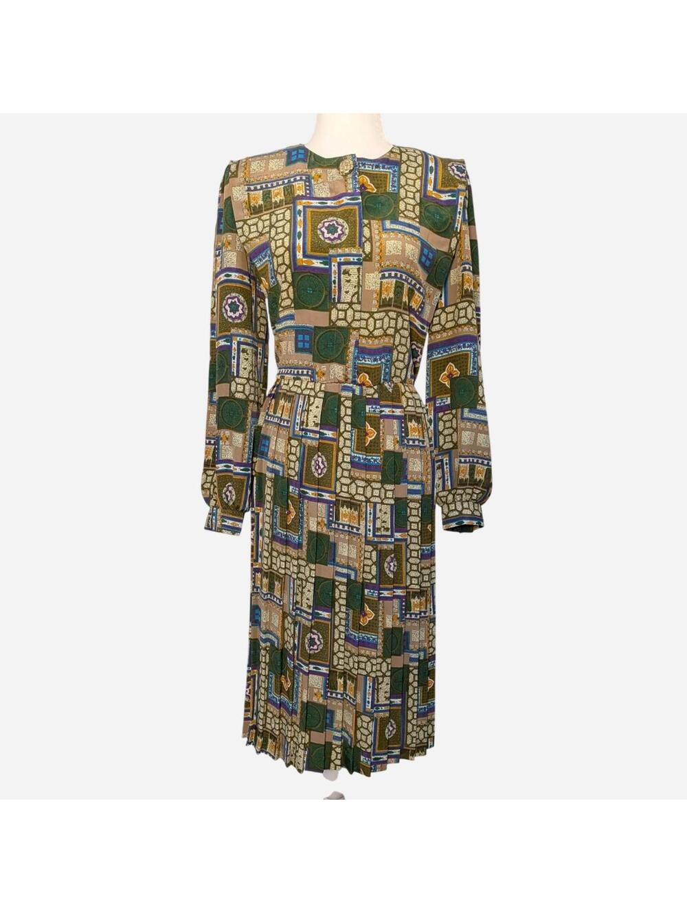 Vintage 80s 90s Florentine Petites Purple Geometric Pleated Midi Dress
